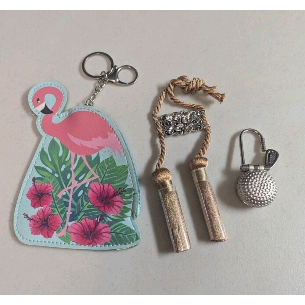 Handmade Artisan Tassel Bag Charm, DCI Golf Ball Watch & Flamingo Pouch Bundle